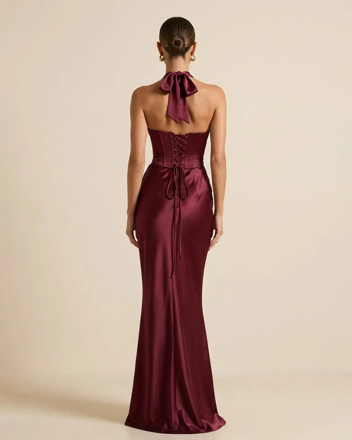 Elegant Burgundy Halter Neck Satin Corset Maxi Dress SOLACE