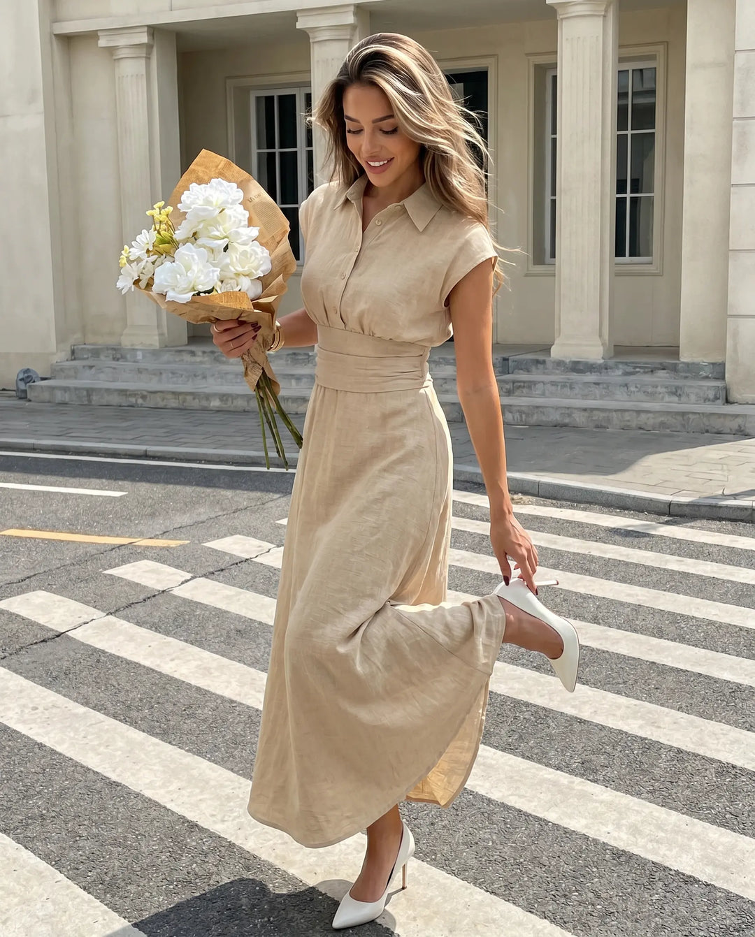 SOLACE  Beige Waist-Tie Linen Blend Maxi Shirt Dress 