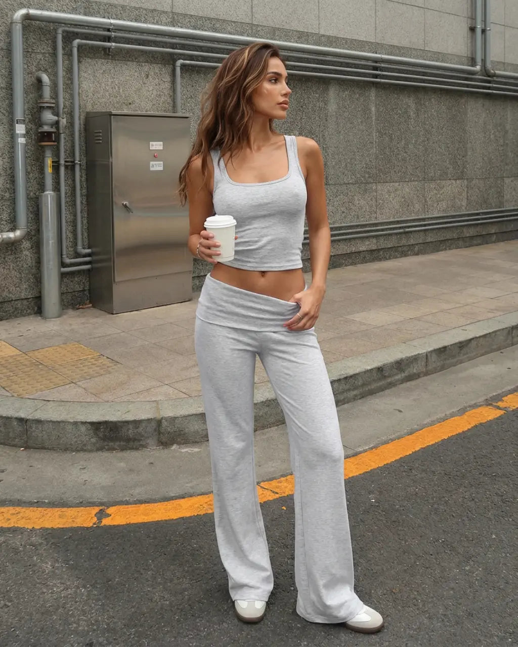SOLACE  Grey Ribbed Knit Slim Fit Cropped Top Long Pants Casual Set 