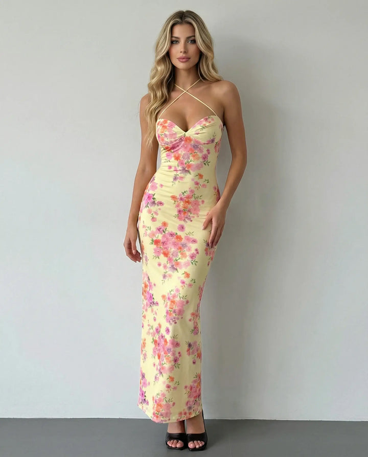SOLACE  Yellow Floral Print Criss Cross Backless Maxi Dress 