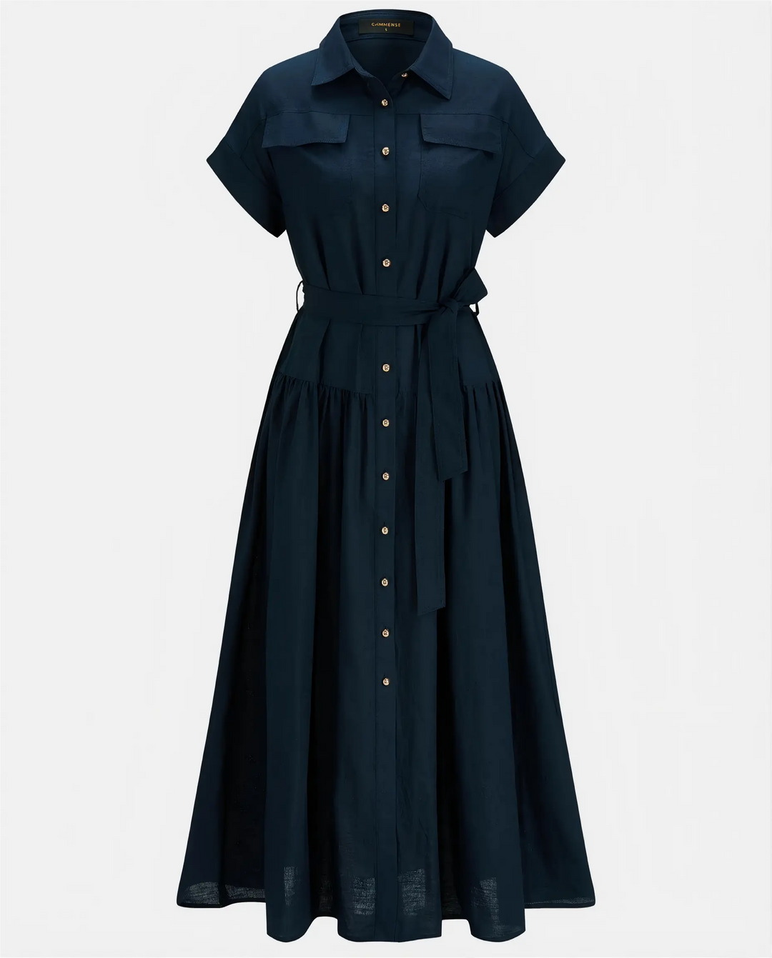 SOLACE  Navy Blue Belted Linen Blend Midi Shirt Dress 