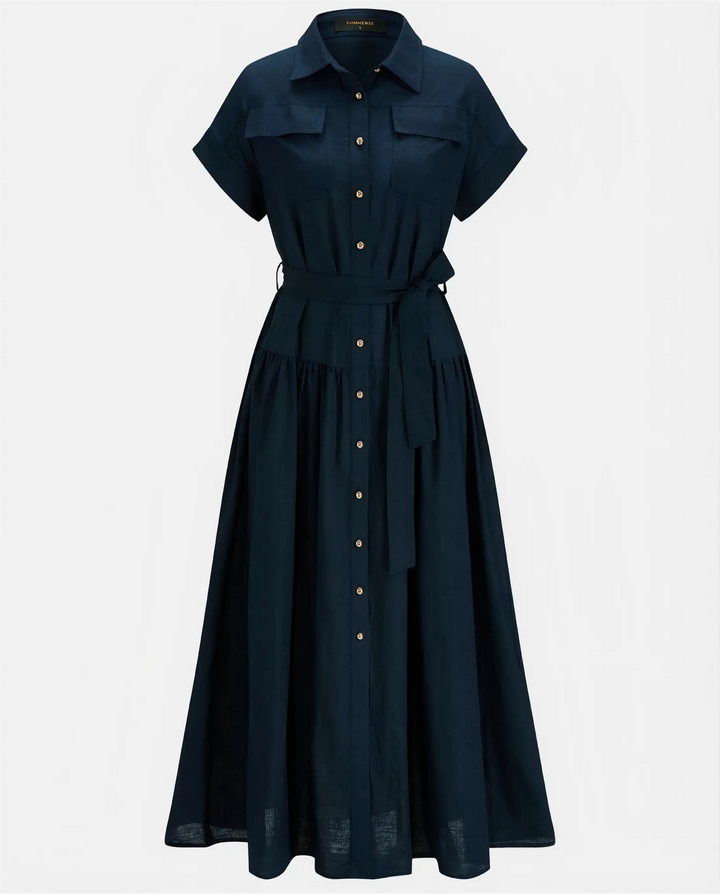 SOLACE  Navy Blue Belted Linen Blend Midi Shirt Dress 