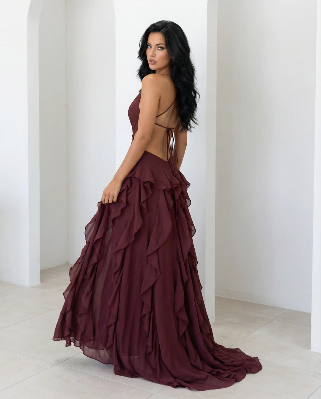 SOLACE  Burgundy Deep V Spaghetti Strap Cutout Ruffle High Slit Chiffon Maxi Dress 