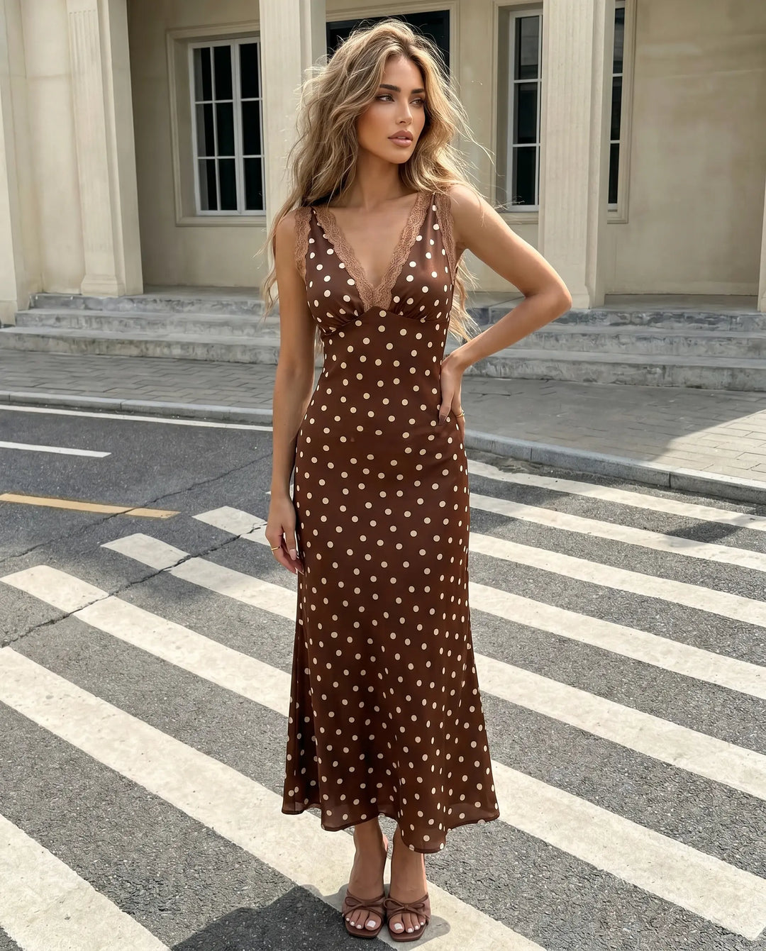 SOLACE  Brown Polka Dot Lace Trim Sleeveless Midi Dress 