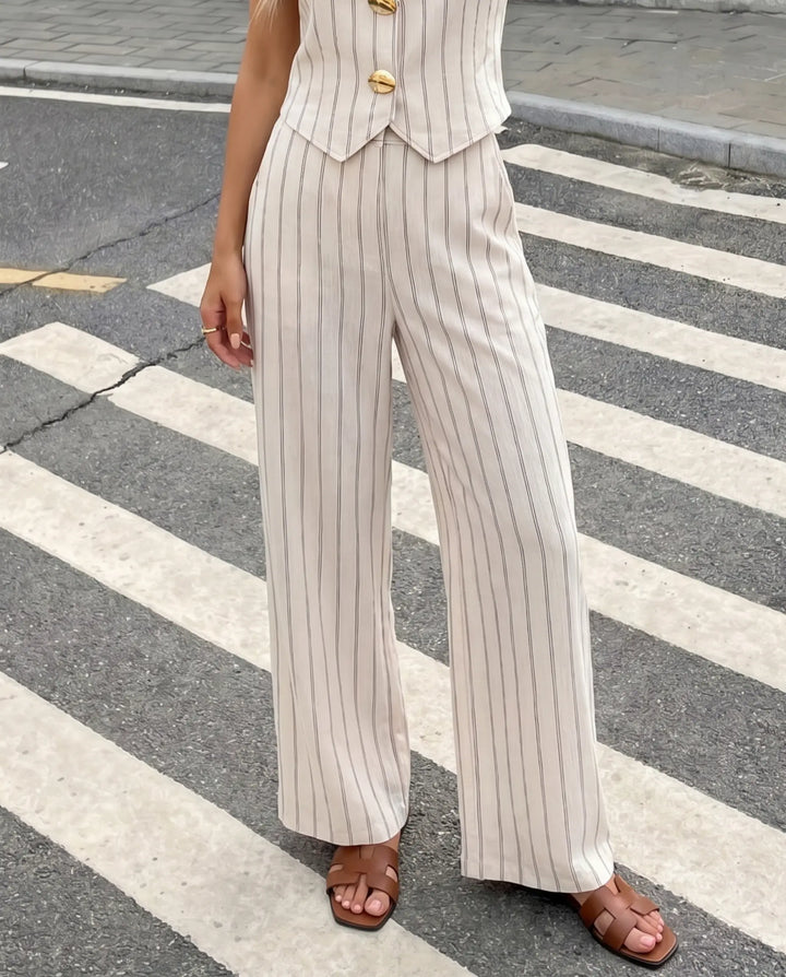 SOLACE  Beige Striped Button Vest and Wide Leg Trouser Two Piece Set 