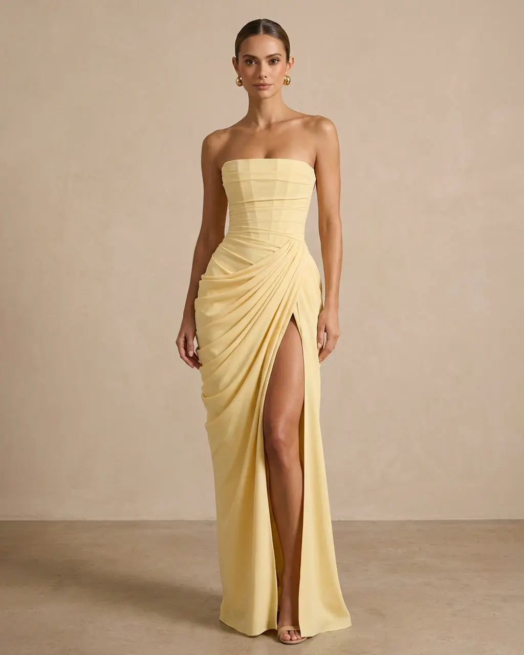 Elegant Corset Back Strapless Draped Side Slit Maxi Dress SOLACE