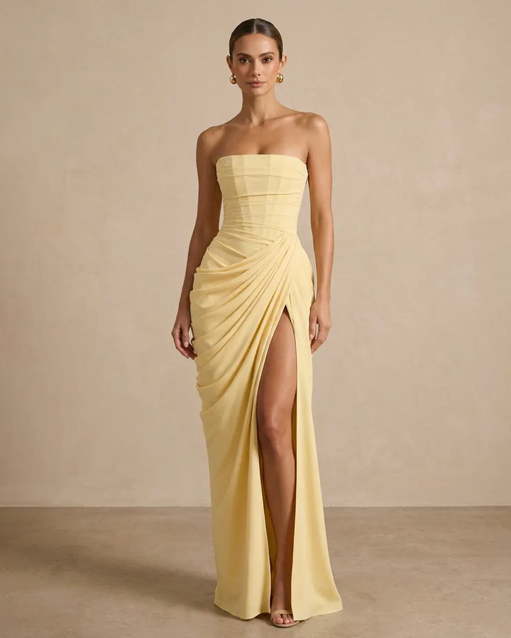 Elegant Corset Back Strapless Draped Side Slit Maxi Dress SOLACE
