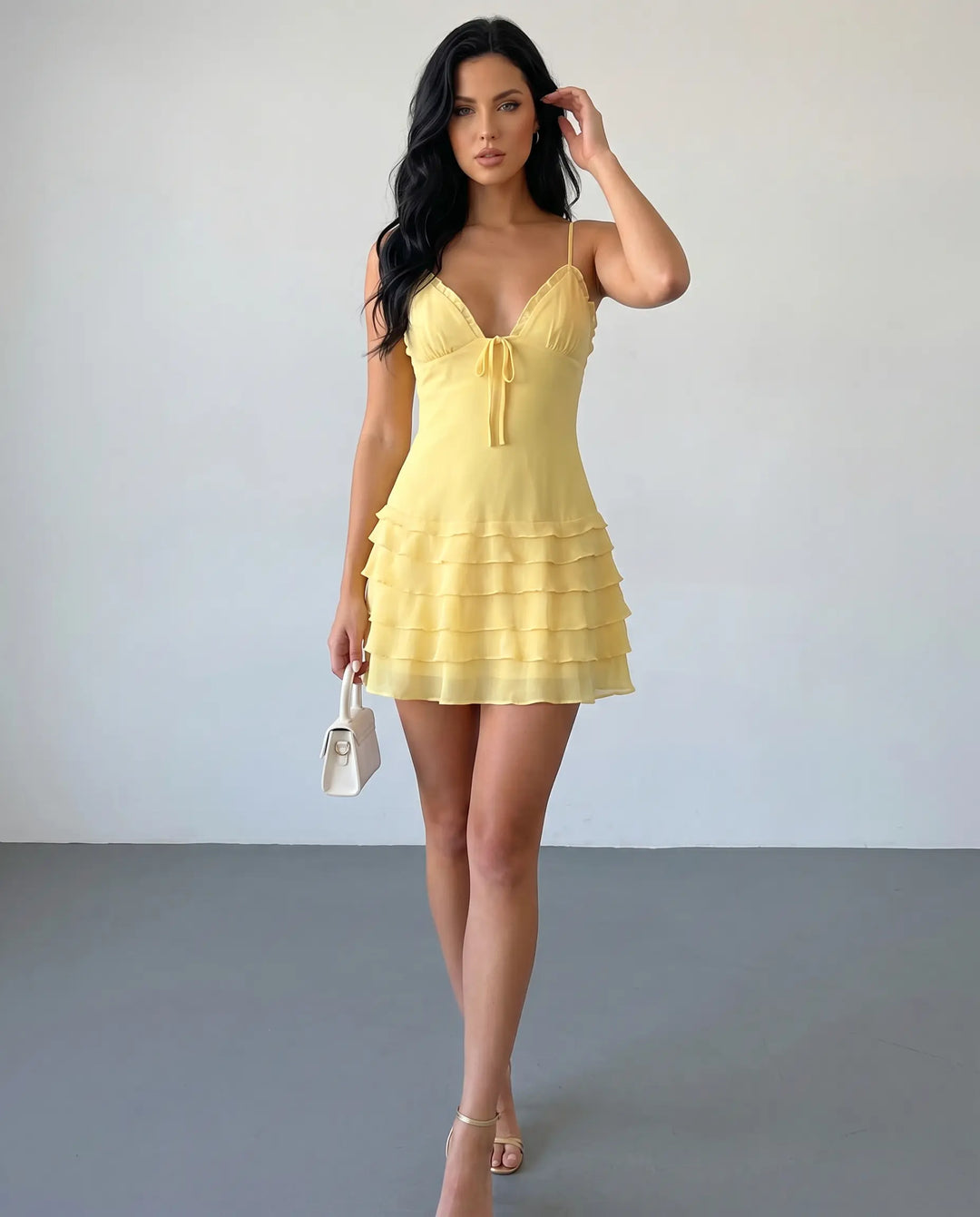 SOLACE  Yellow Ruffle Tiered Cami Mini Dress 