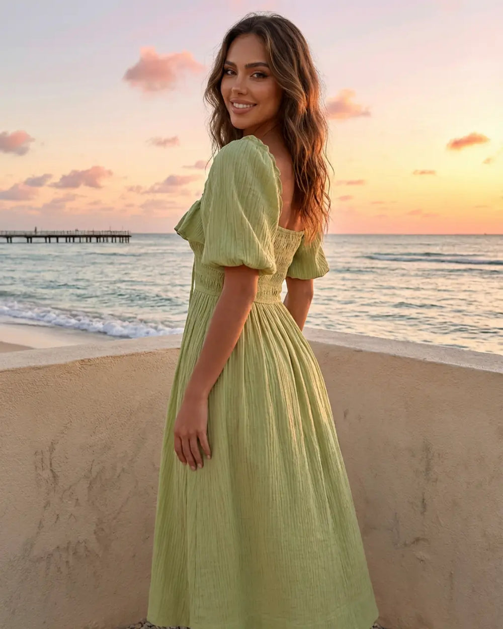 SOLACE  Sage Green Ruffled Cotton Blend Texture Slim Fit Midi Dress 