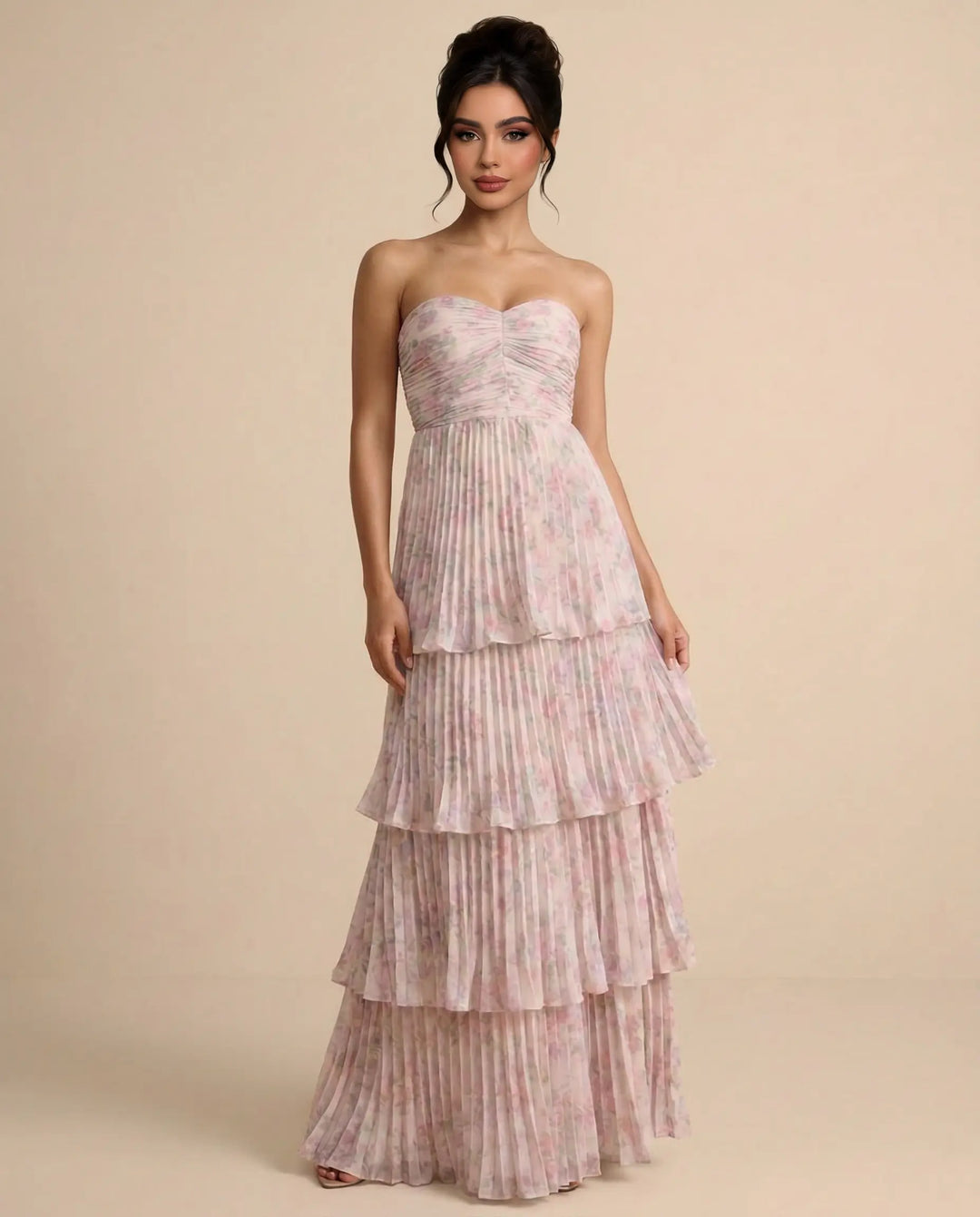 SOLACE  Blush Pink Tiered Pleated Floral Slim Maxi Dress 