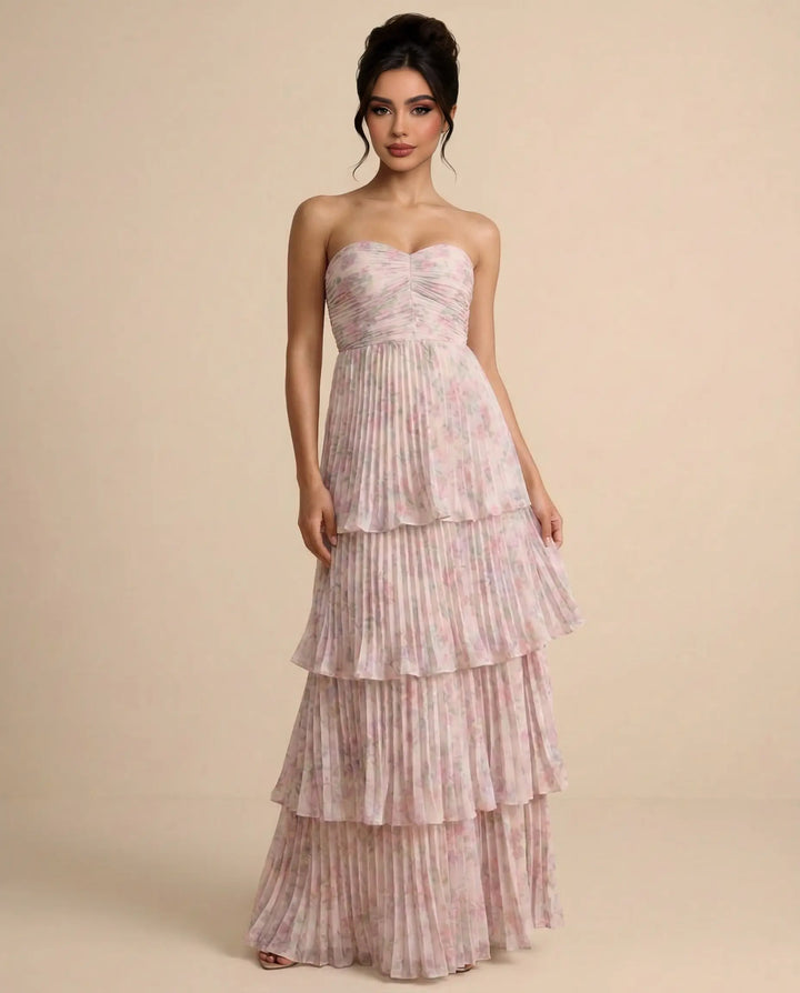 SOLACE  Blush Pink Tiered Pleated Floral Slim Maxi Dress 