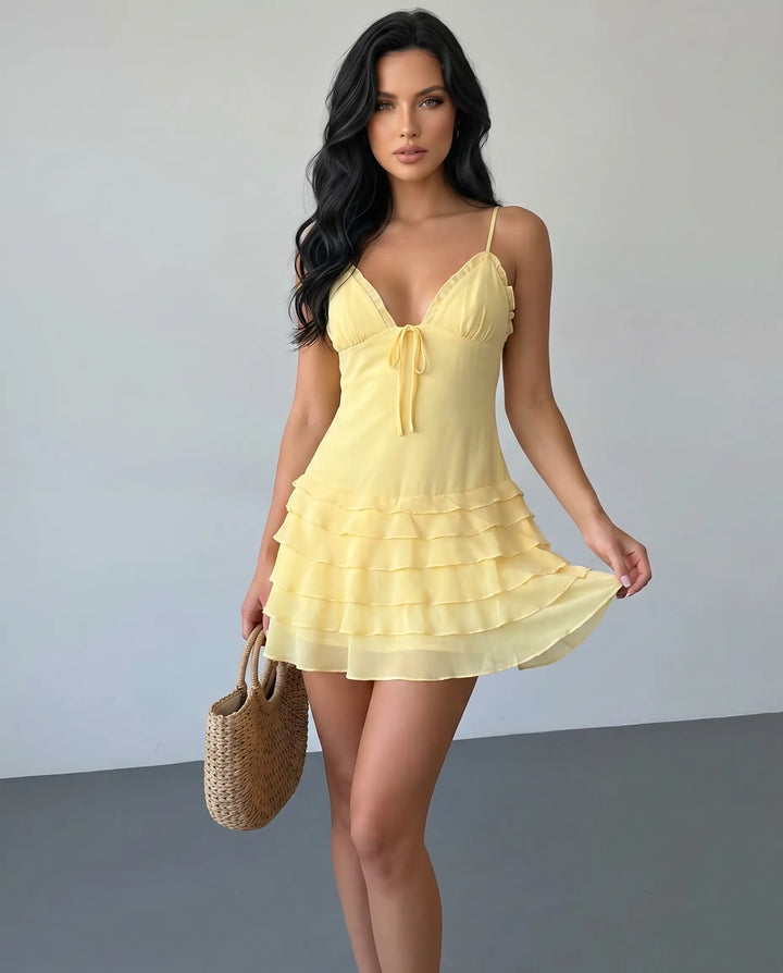SOLACE  Yellow Ruffle Tiered Cami Mini Dress 