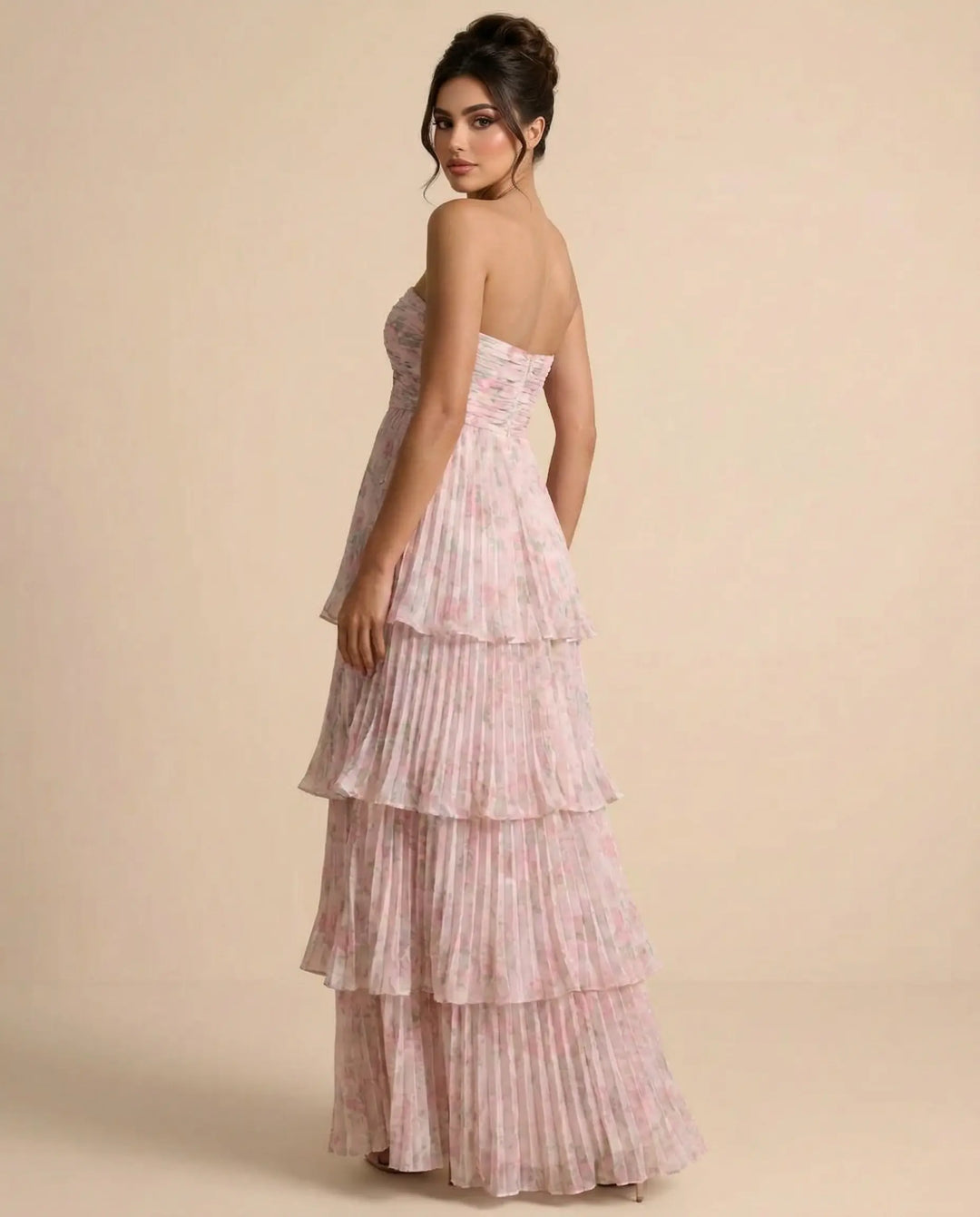 SOLACE  Blush Pink Tiered Pleated Floral Slim Maxi Dress 