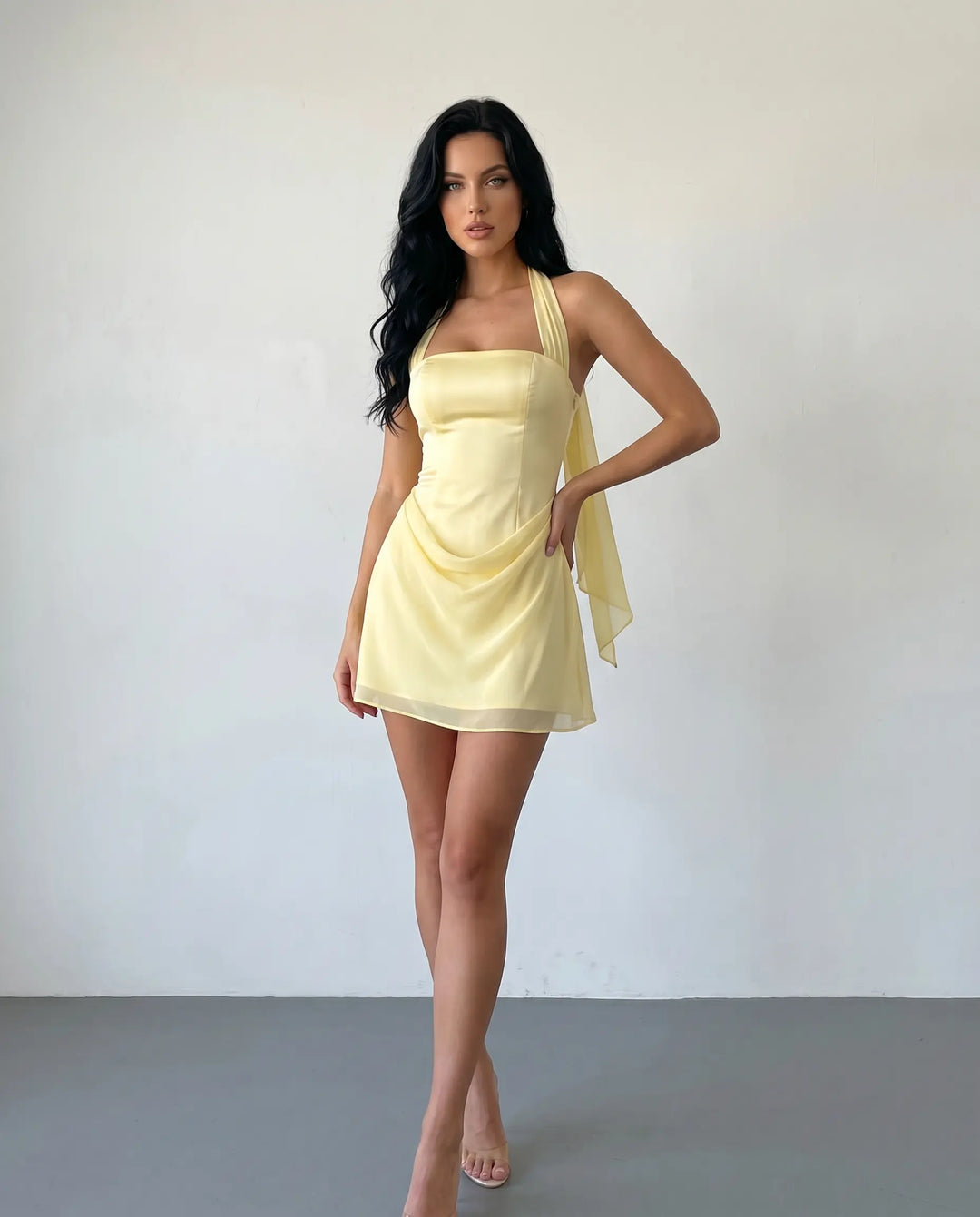SOLACE  Yellow Halter Neck Corset Back Mini Dress 