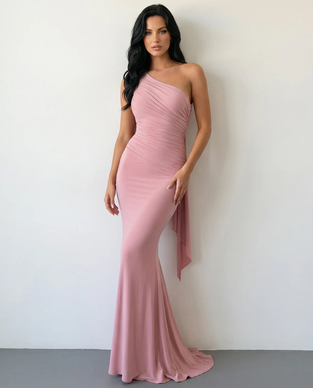 SOLACE  Pink One Shoulder Ruched Open Back Mermaid Maxi Dress 