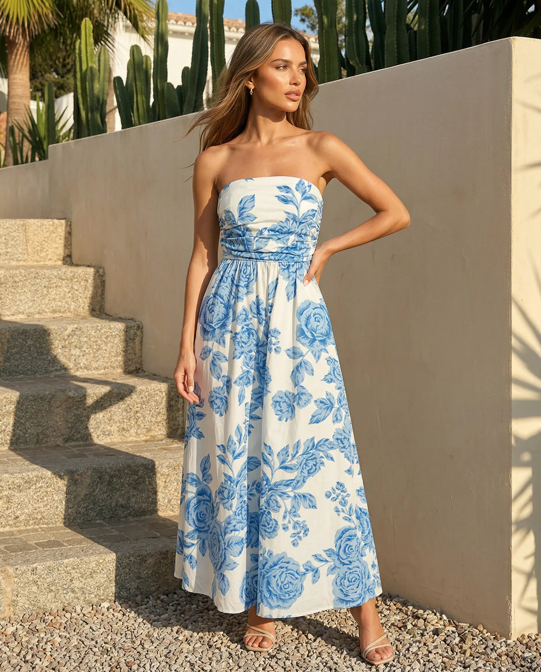 SOLACE  Blue Floral Print Strapless A-Line Maxi Dress 