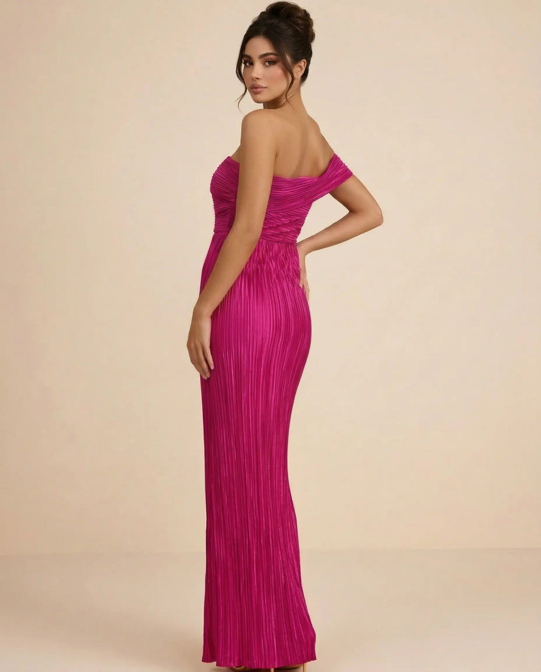 SOLACE  Fuchsia One Shoulder Pleated Slim Fit Maxi Dress 