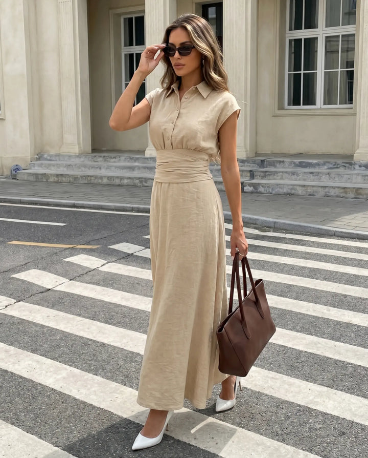SOLACE  Beige Waist-Tie Linen Blend Maxi Shirt Dress 