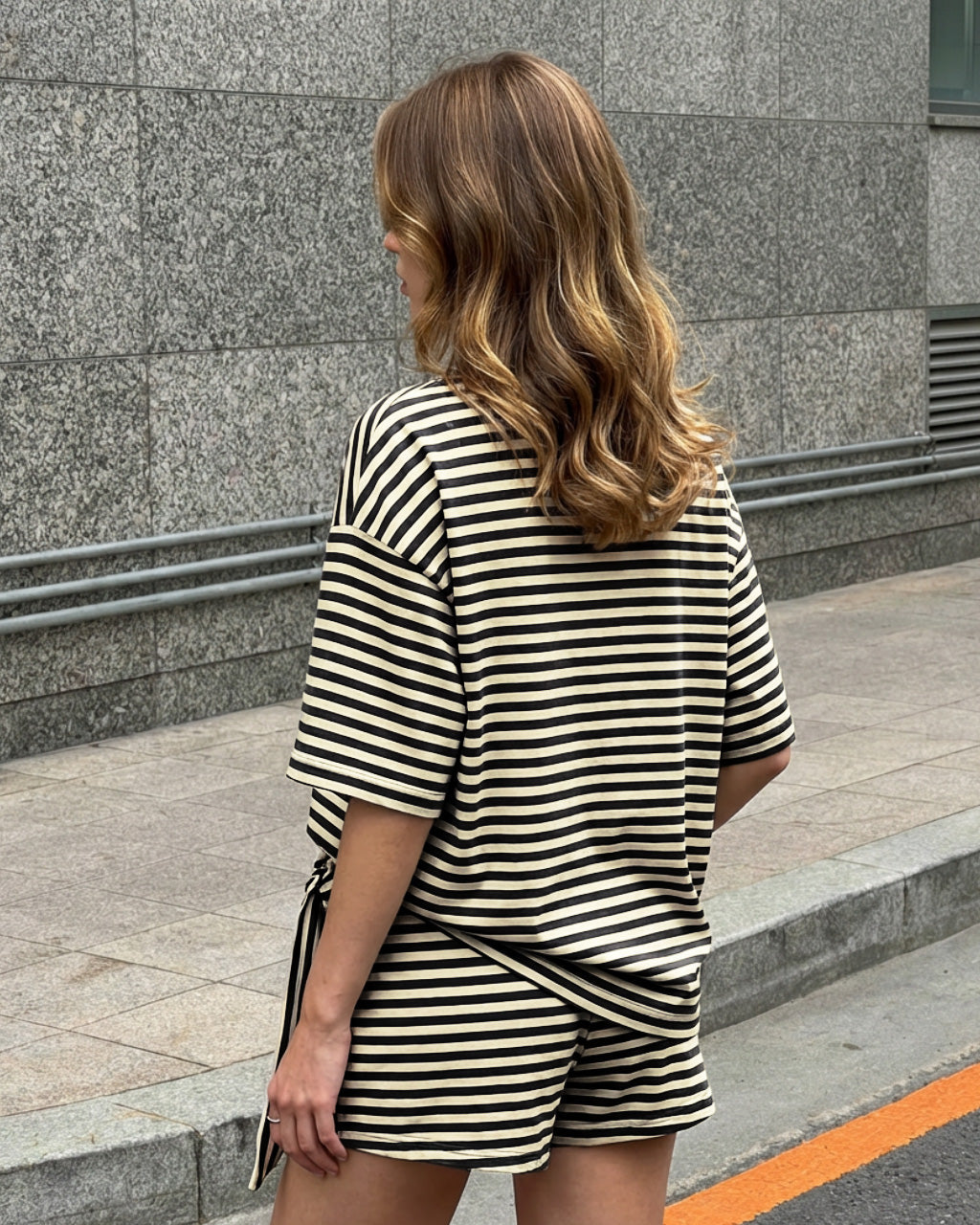 SOLACE  Beige Black Stripe Contrast Collar Oversized Short Sleeve T-Shirt Wide Leg Shorts Set 