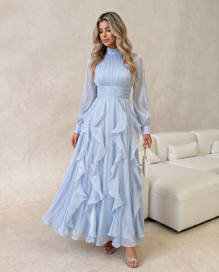 Elegant Ruffled High Neck Long Sleeve Maxi Evening Dress