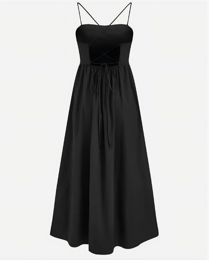 SOLACE  Black Lace-Up Back Textured Maxi Cami Dress 