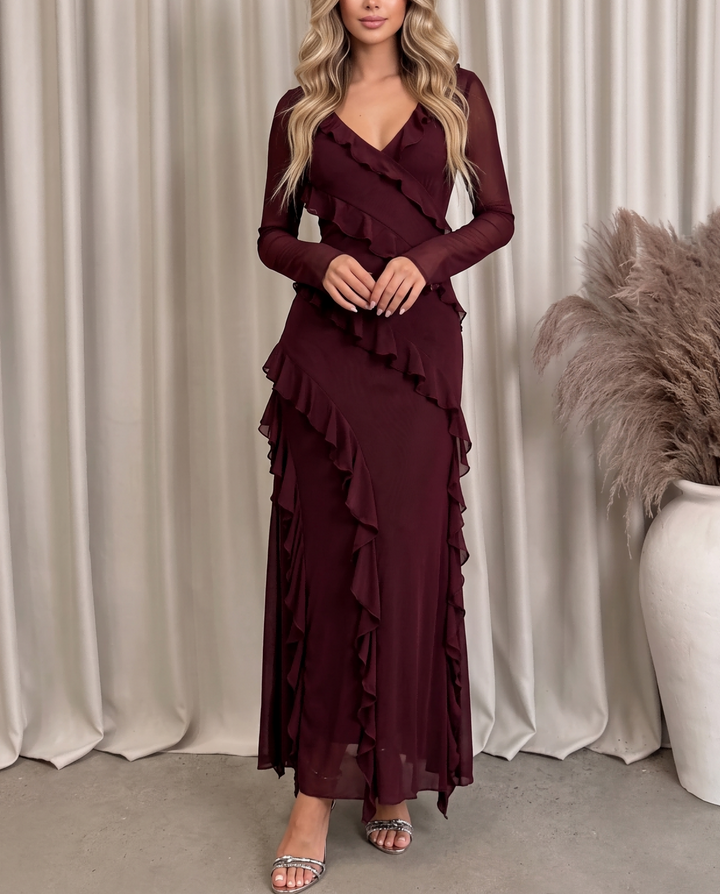 Burgundy Diagonal Ruffle Mesh Maxi Dress