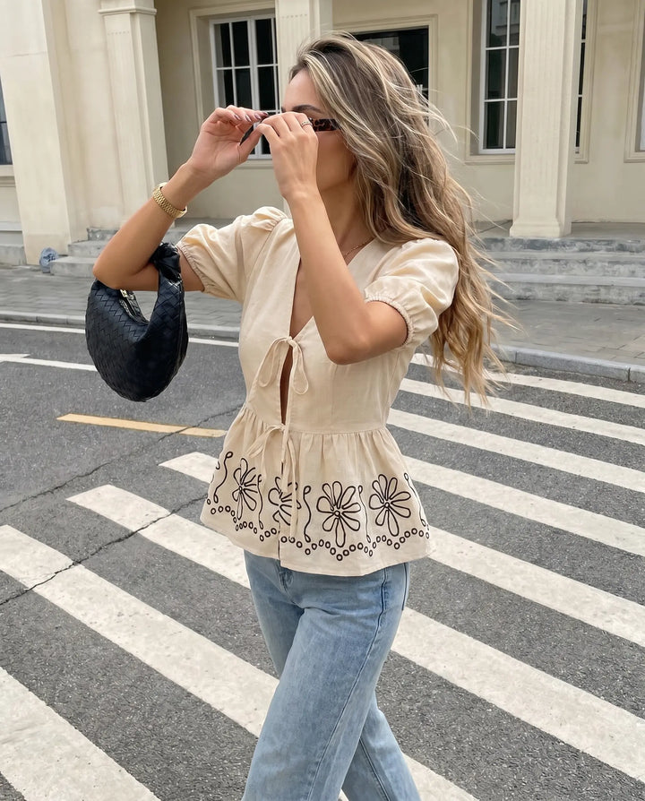SOLACE  Beige Floral Embroidered Peplum Blouse 