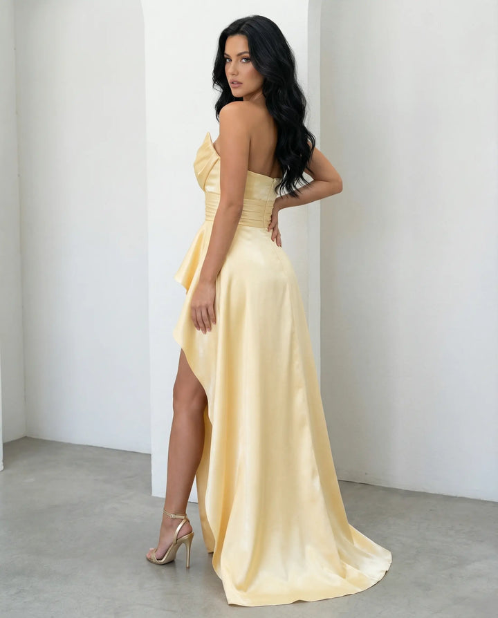 SOLACE  Pale Yellow Cowl Neck Strapless Ruffle High Slit Satin Maxi Dress 