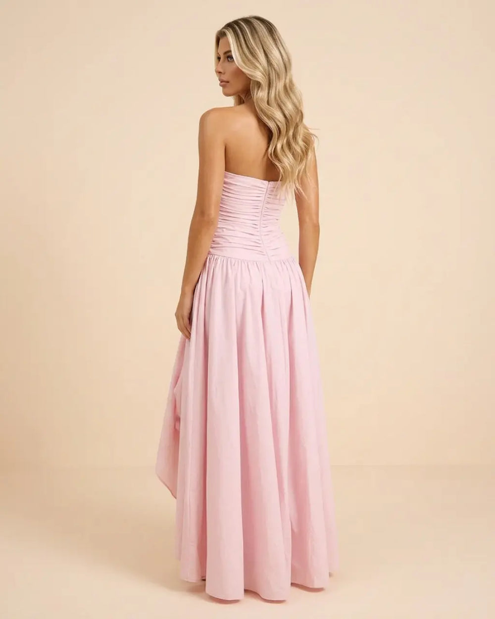 Pink Strapless Ruched High Slit Maxi Dress SOLACE