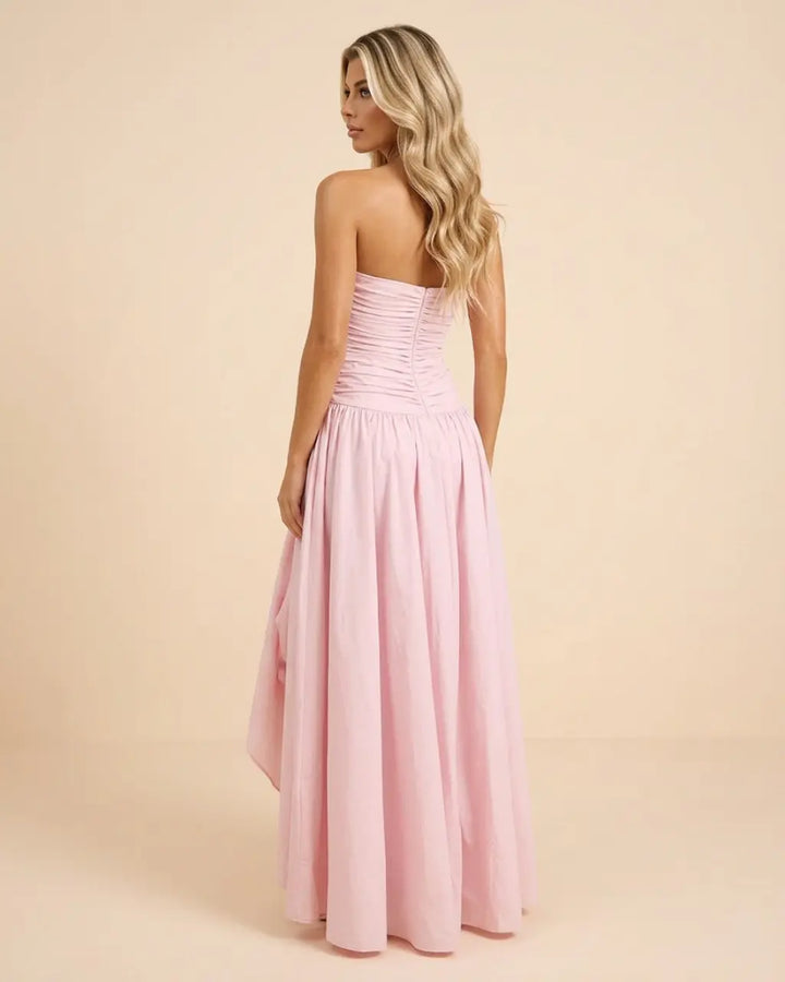 Pink Strapless Ruched High Slit Maxi Dress SOLACE