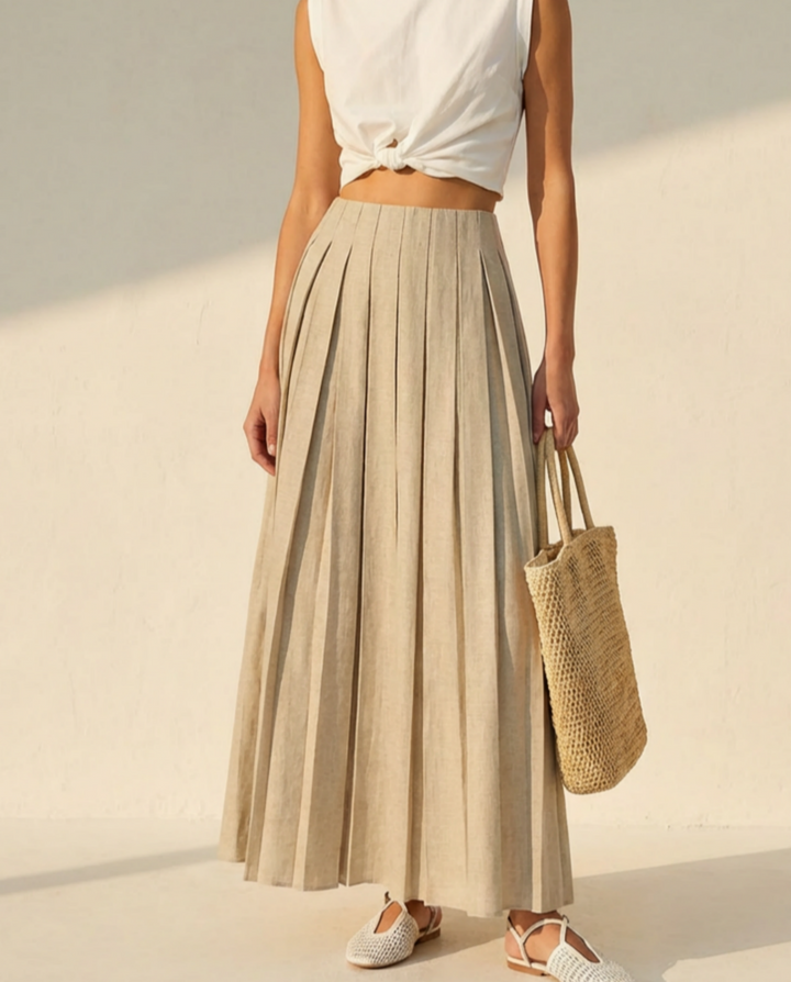 SOLACE  Beige Minimalist Linen Blend Pleated High Waist Maxi Skirt 