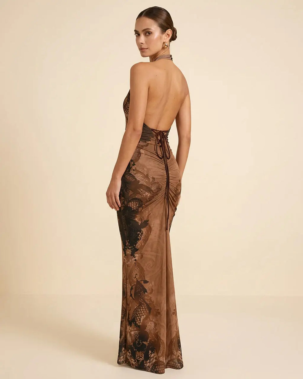 Brown Baroque Print Halter Neck Backless Maxi Dres SOLACE
