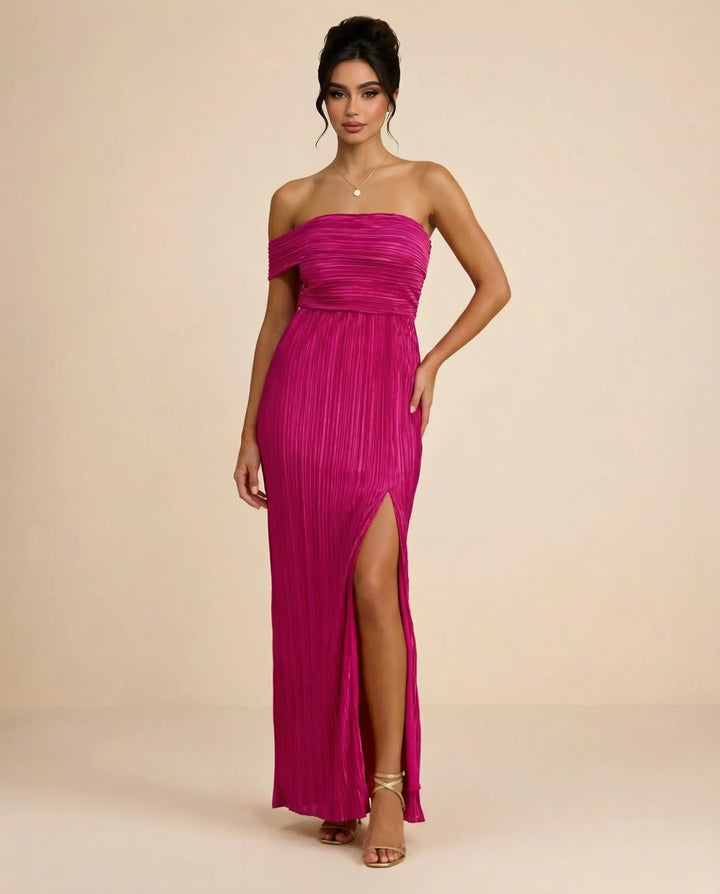 SOLACE  Fuchsia One Shoulder Pleated Slim Fit Maxi Dress 
