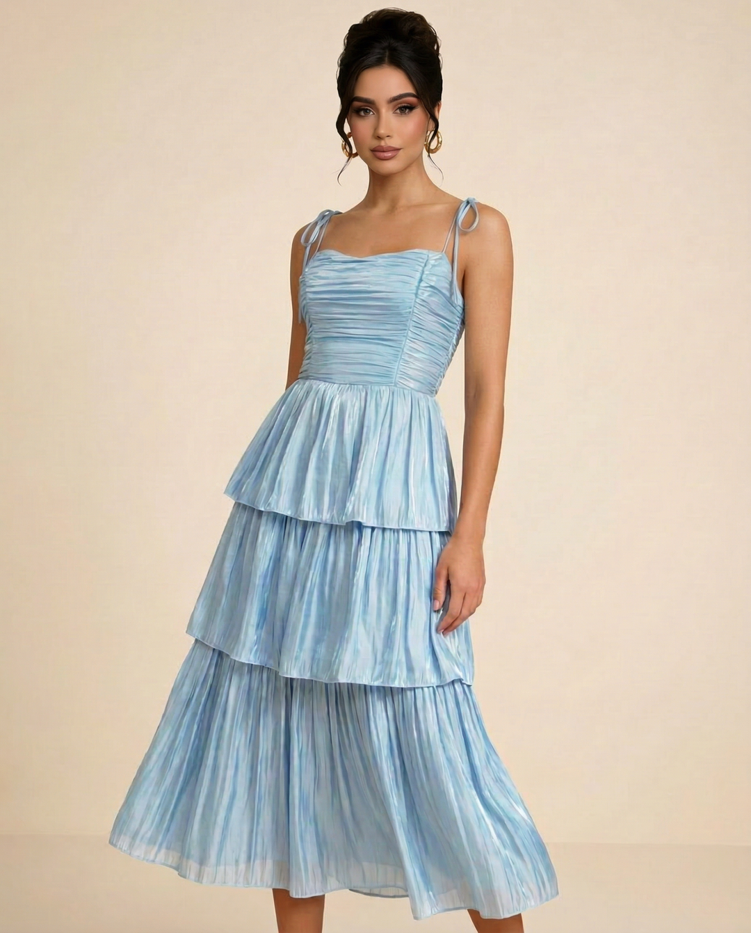 SOLACE  Light Blue Tie Shoulder Ruched Bust Tiered Plisse Midi Dress 