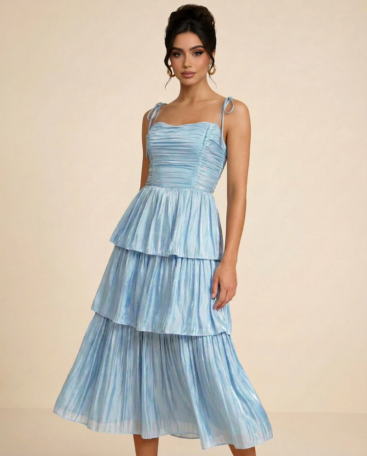 SOLACE  Light Blue Tie Shoulder Ruched Bust Tiered Plisse Midi Dress 
