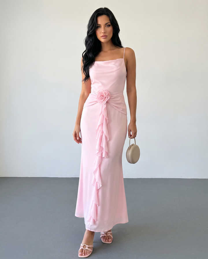 Pink Satin Spaghetti Strap Ruffle Mermaid Maxi Dress