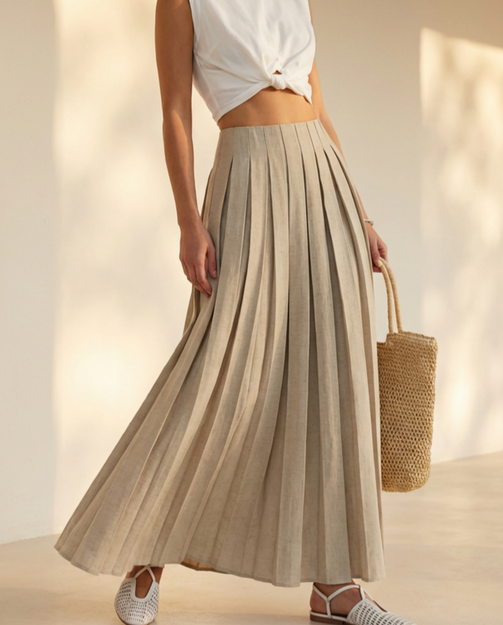 SOLACE  Beige Minimalist Linen Blend Pleated High Waist Maxi Skirt 
