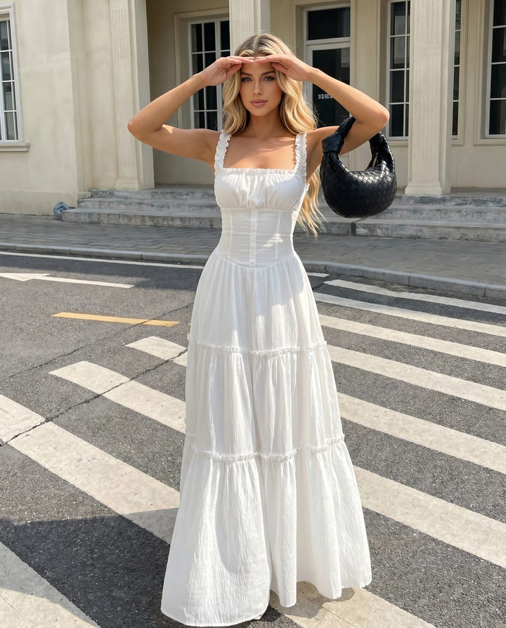 SOLACE  White Square Neck Tiered Maxi Dress 