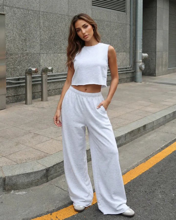 SOLACE  Light Grey Cotton Blend Relaxed Crop Top Wide Leg Two Piece Set 