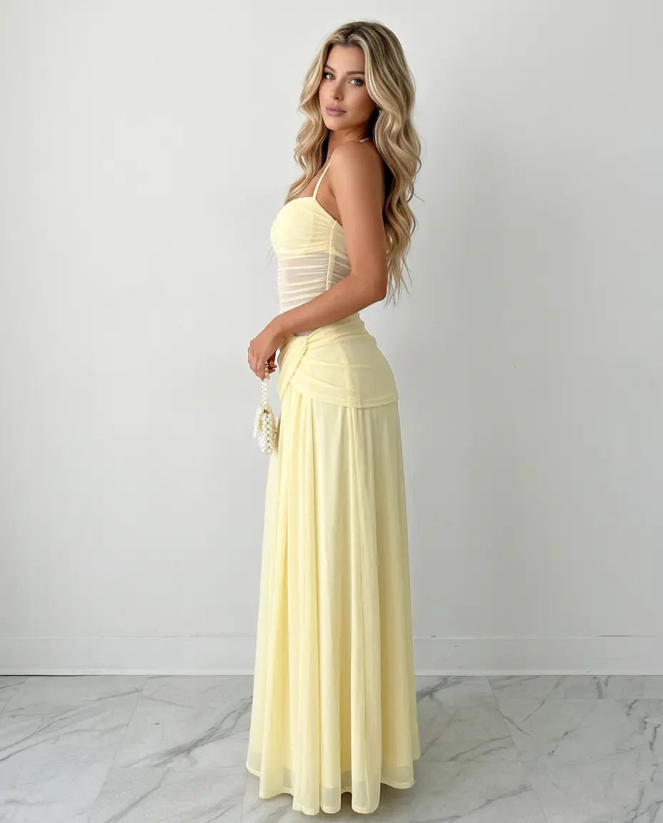 SOLACE  Yellow Halter Neck Mesh Ruched Backless Draped Maxi Dress 