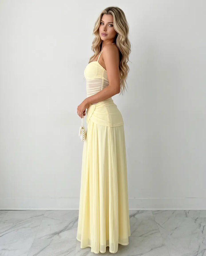 SOLACE  Yellow Halter Neck Mesh Ruched Backless Draped Maxi Dress 