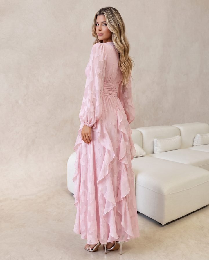 V‑Neck Ruffled Jacquard Long Sleeve Maxi Dress
