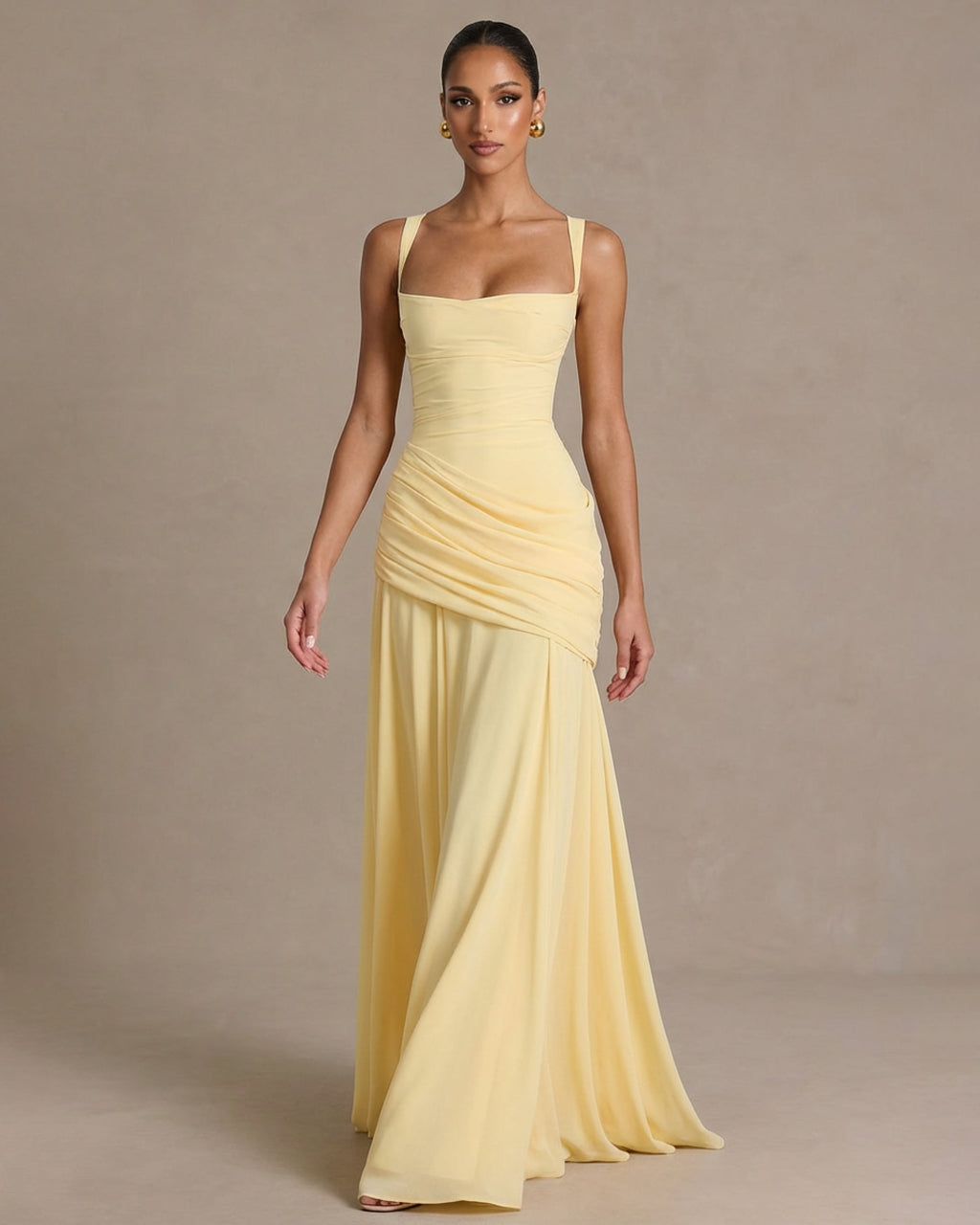 Elegant Square Neck Corset Back Lace Up Maxi Dress