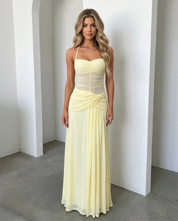 SOLACE  Yellow Halter Neck Mesh Ruched Backless Draped Maxi Dress 
