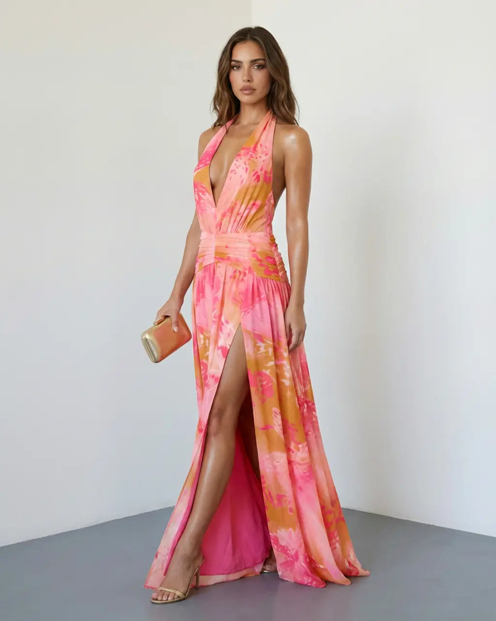 SOLACE  Tropical Watercolor Halter Plunge Split Flowy Chiffon Maxi Dress 