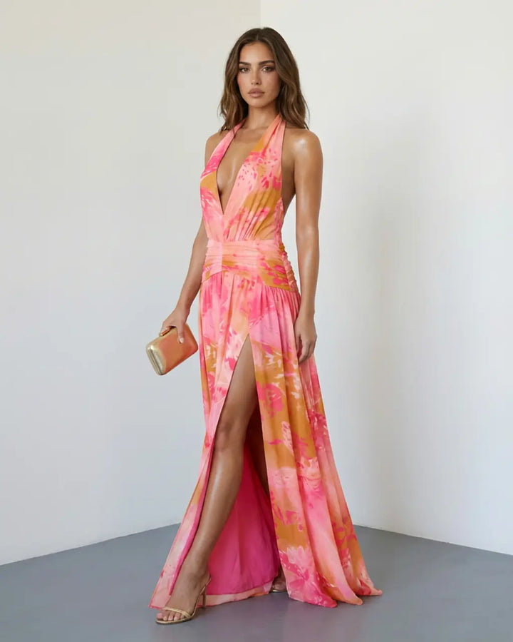 SOLACE  Tropical Watercolor Halter Plunge Split Flowy Chiffon Maxi Dress 