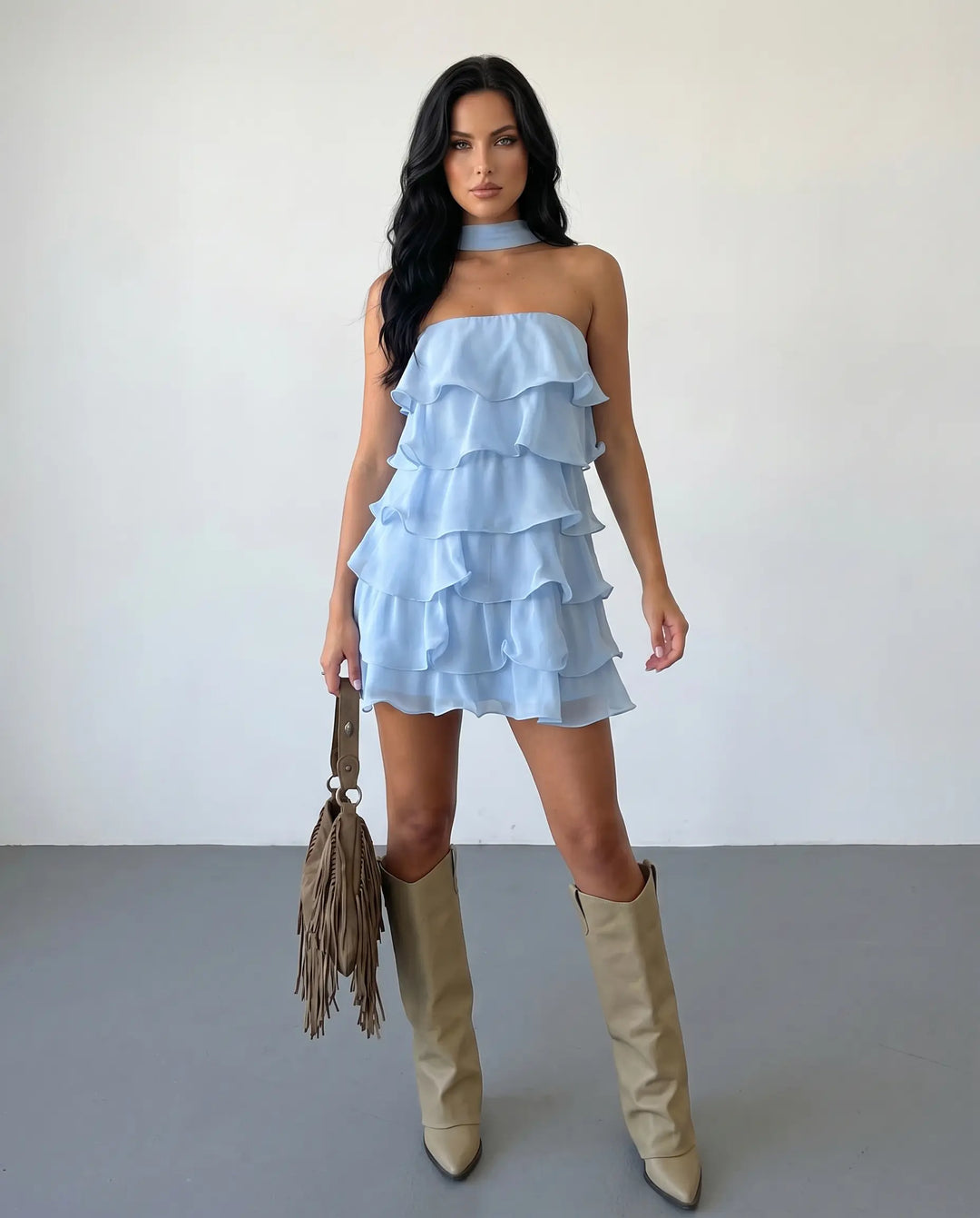 SOLACE  Light Blue Halter Neck Tiered Ruffle Mini Dress 