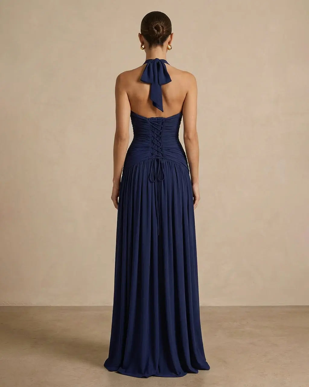 Navy Halter Deep V Neck Ruched Backless High Slit Maxi Dress SOLACE