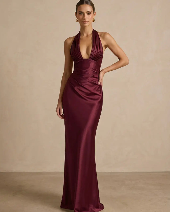 Elegant Burgundy Halter Neck Satin Corset Maxi Dress SOLACE