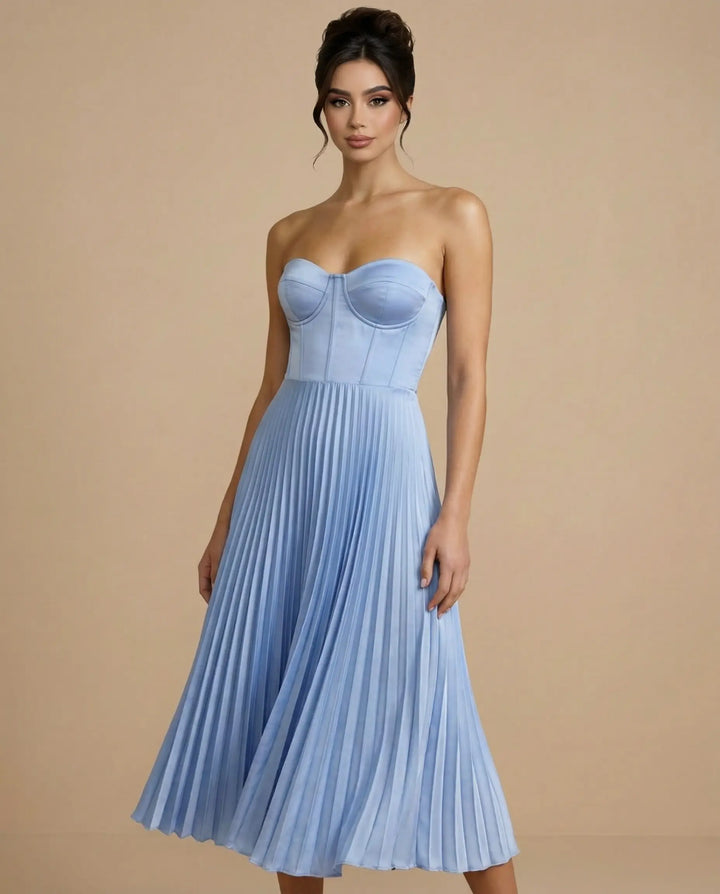 SOLACE  Light Blue Satin Corset Bodice Slim Fit Midi Party Dress 